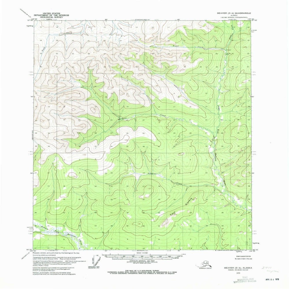 YellowMaps Beaver D 4 AK topo map, 1:63360 Scale, 15 X 15 Minute, Historical, 1970, Updated 1973, 21.8 x 18.1 in - Tyvek