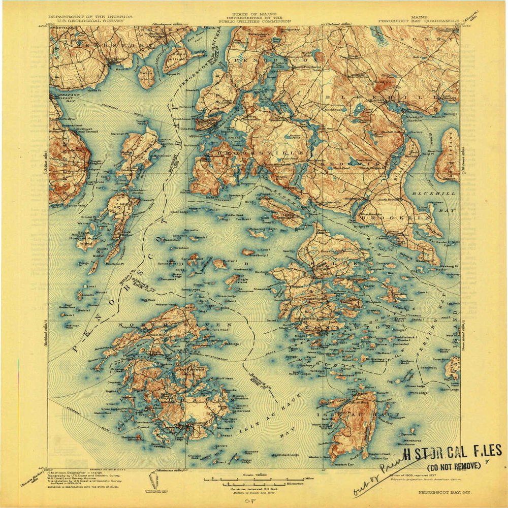 YellowMaps Penobscot Bay ME topo map, 1:125000 Scale, 30 X 30 Minute, Historical, 1905, Updated 1927, 20.1 x 15.5 in - Tyvek