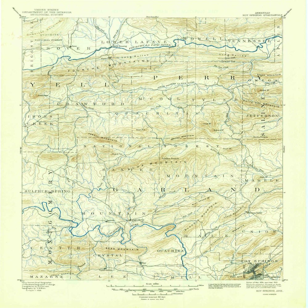 YellowMaps Hot Springs AR topo map, 1:125000 Scale, 30 X 30 Minute, Historical, 1894, Updated 1949, 20.5 x 17.1 in - Tyvek