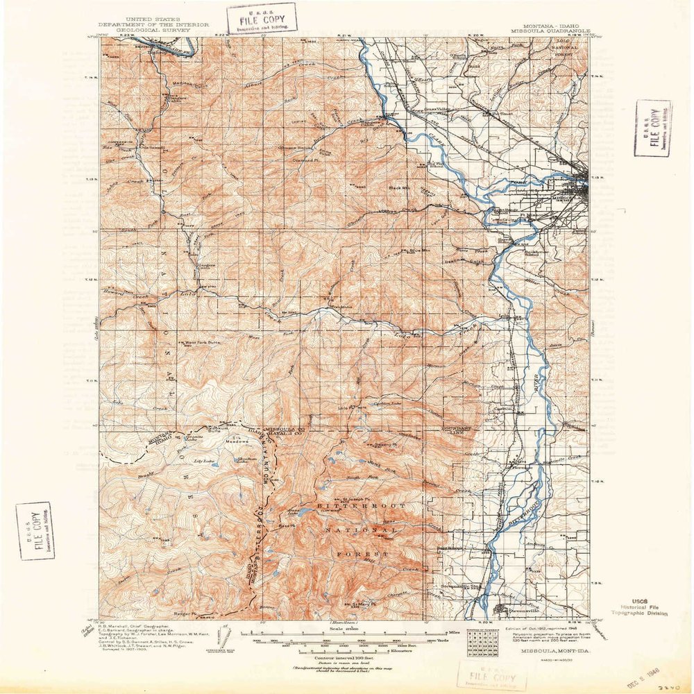 YellowMaps Missoula MT topo map, 1:125000 Scale, 30 X 30 Minute, Historical, 1912, Updated 1948, 20.8 x 17.1 in - Tyvek