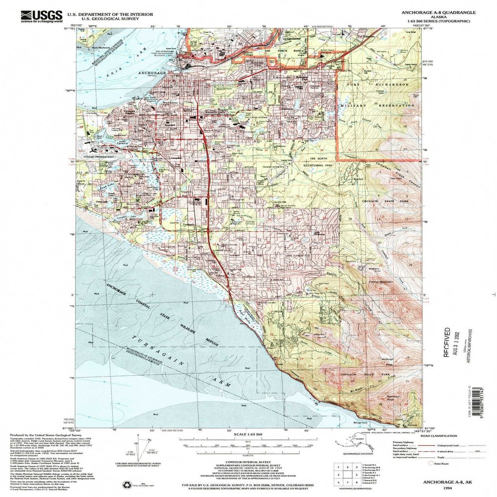 YellowMaps Anchorage A 8 AK topo map, 1:63360 Scale, 15 X 15 Minute, Historical, 1994, Updated 2002, 21.5 x 18 in - Tyvek