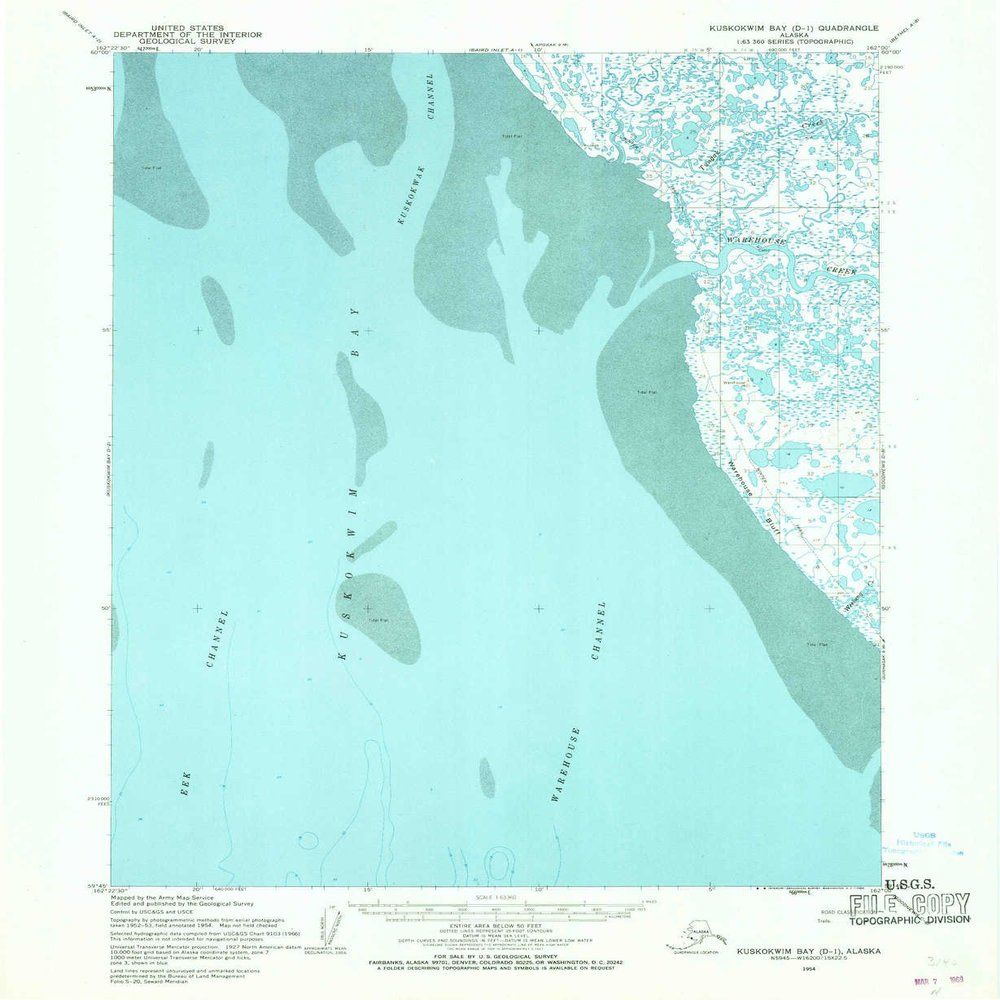 YellowMaps Kuskokwim Bay D 1 AK topo map, 1:63360 Scale, 15 X 15 Minute, Historical, 1954, Updated 1969, 20.8 x 17 in - Tyvek