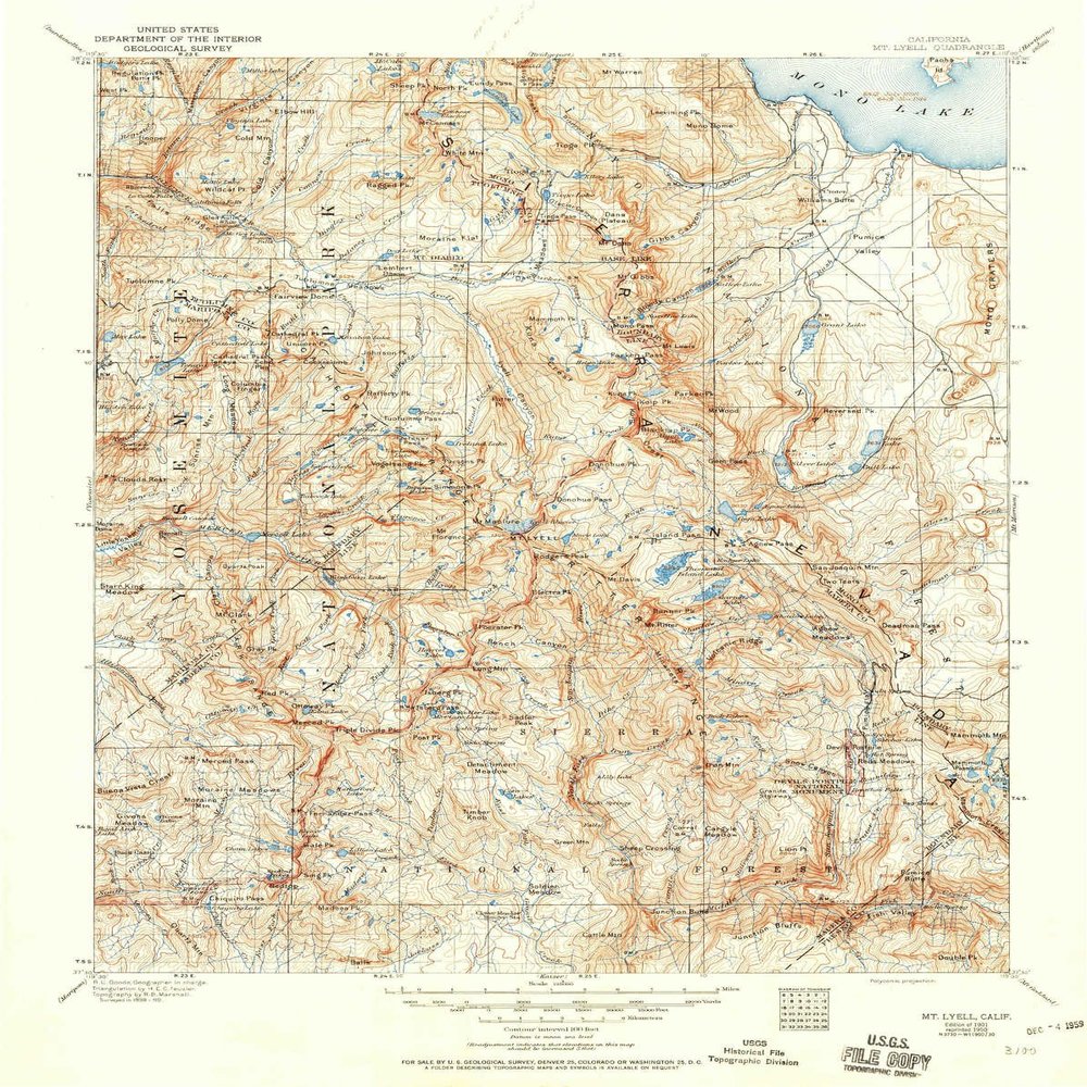 Mt Lyell CA topo map, 1:125000 Scale, 30 X 30 Minute, Historical, 1901, Updated 1950, 20.8 x 16.5 in - Tyvek