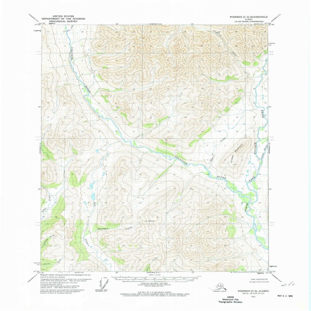 YellowMaps Wiseman C 3 AK topo map, 1:63360 Scale, 15 X 15 Minute, Historical, 1971, Updated 1974, 21.8 x 18.1 in - Tyvek