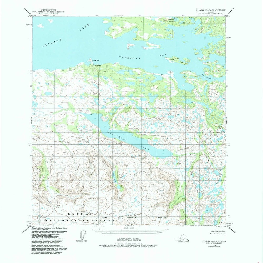 YellowMaps Iliamna B 5 AK topo map, 1:63360 Scale, 15 X 15 Minute, Historical, 1954, Updated 1985, 21.8 x 18 in - Tyvek