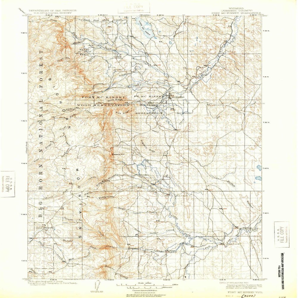 YellowMaps Fort McKinney WY topo map, 1:125000 Scale, 30 X 30 Minute, Historical, 1903, Updated 1924, 19.8 x 16.1 in - Tyvek
