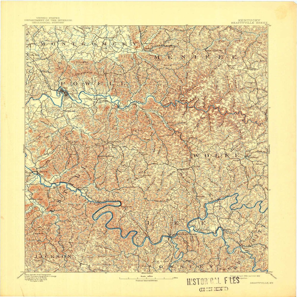 YellowMaps Beattyville KY topo map, 1:125000 Scale, 30 X 30 Minute, Historical, 1892, Updated 1932, 21 x 17 in - Tyvek