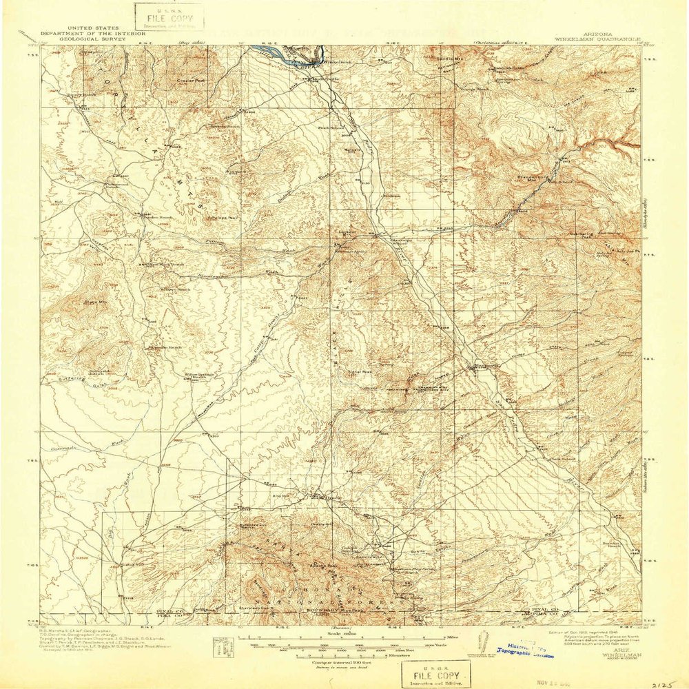 YellowMaps Winkelman AZ topo map, 1:125000 Scale, 30 X 30 Minute, Historical, 1913, Updated 1946, 20.7 x 16.9 in - Tyvek