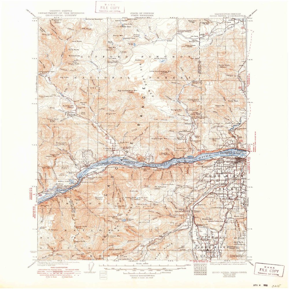 YellowMaps Hood River OR topo map, 1:125000 Scale, 30 X 30 Minute, Historical, 1929, Updated 1950, 20.9 x 17 in - Tyvek