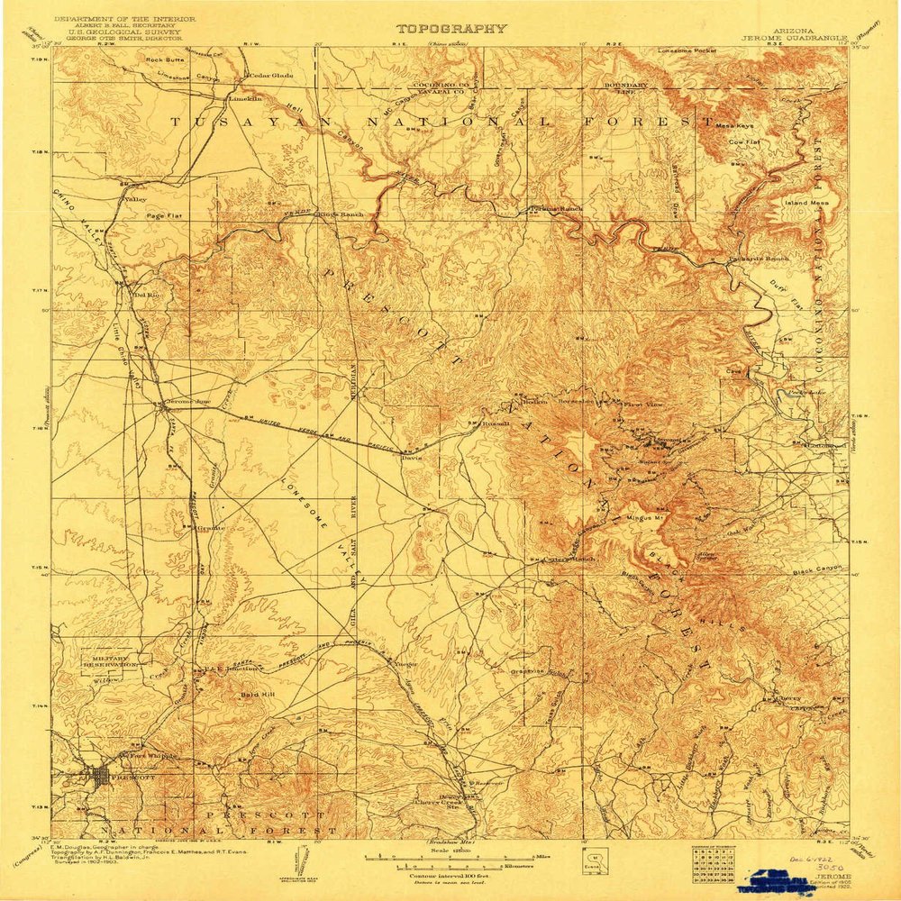 YellowMaps Jerome AZ topo map, 1:125000 Scale, 30 X 30 Minute, Historical, 1905, Updated 1922, 19.9 x 16.3 in - Tyvek