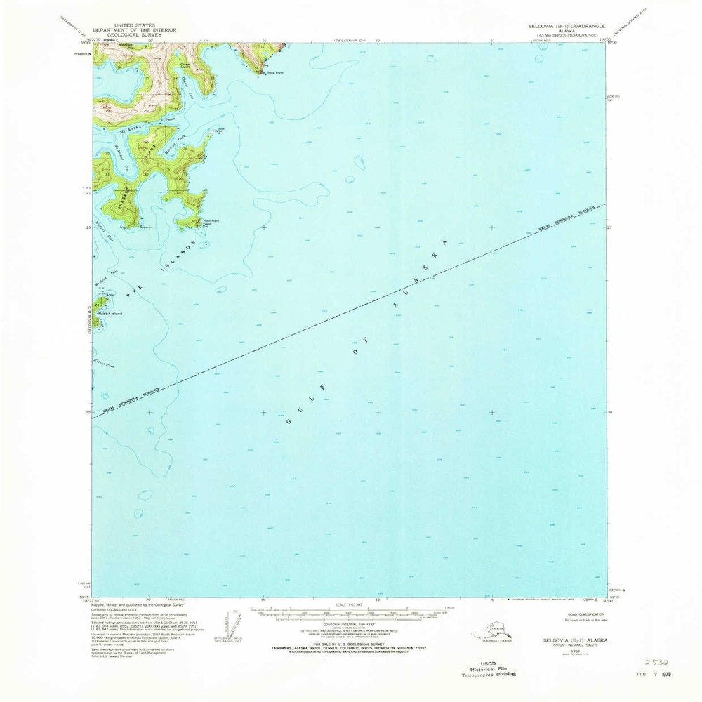 Seldovia B 1 AK topo map, 1:63360 Scale, 15 X 15 Minute, Historical, 1953, Updated 1973, 21.9 x 18.1 in - Tyvek