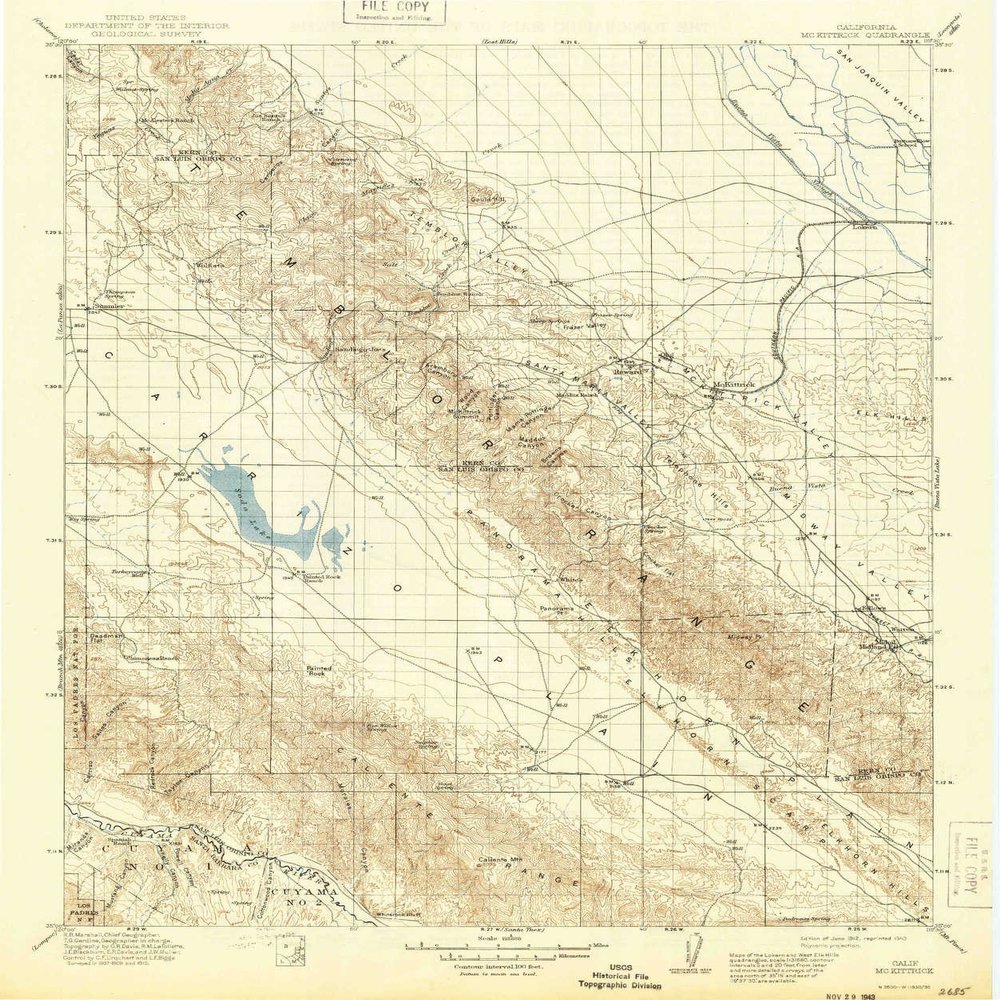 YellowMaps McKittrick CA topo map, 1:125000 Scale, 30 X 30 Minute, Historical, 1912, Updated 1943, 19.8 x 16.5 in - Tyvek