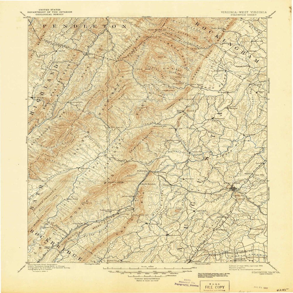 YellowMaps Staunton VA topo map, 1:125000 Scale, 30 X 30 Minute, Historical, 1894, Updated 1944, 20.8 x 16.9 in - Tyvek