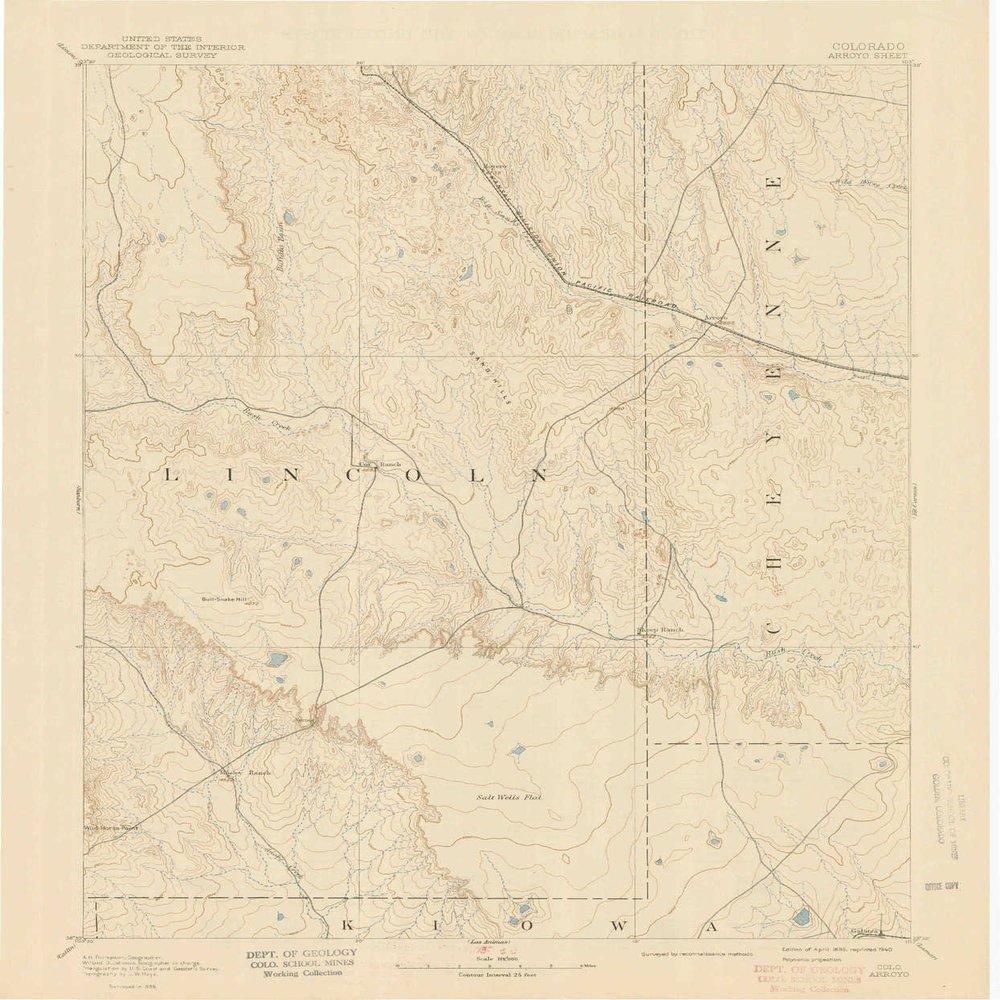 YellowMaps Arroyo CO topo map, 1:125000 Scale, 30 X 30 Minute, Historical, 1893, Updated 1940, 20 x 16.6 in - Tyvek