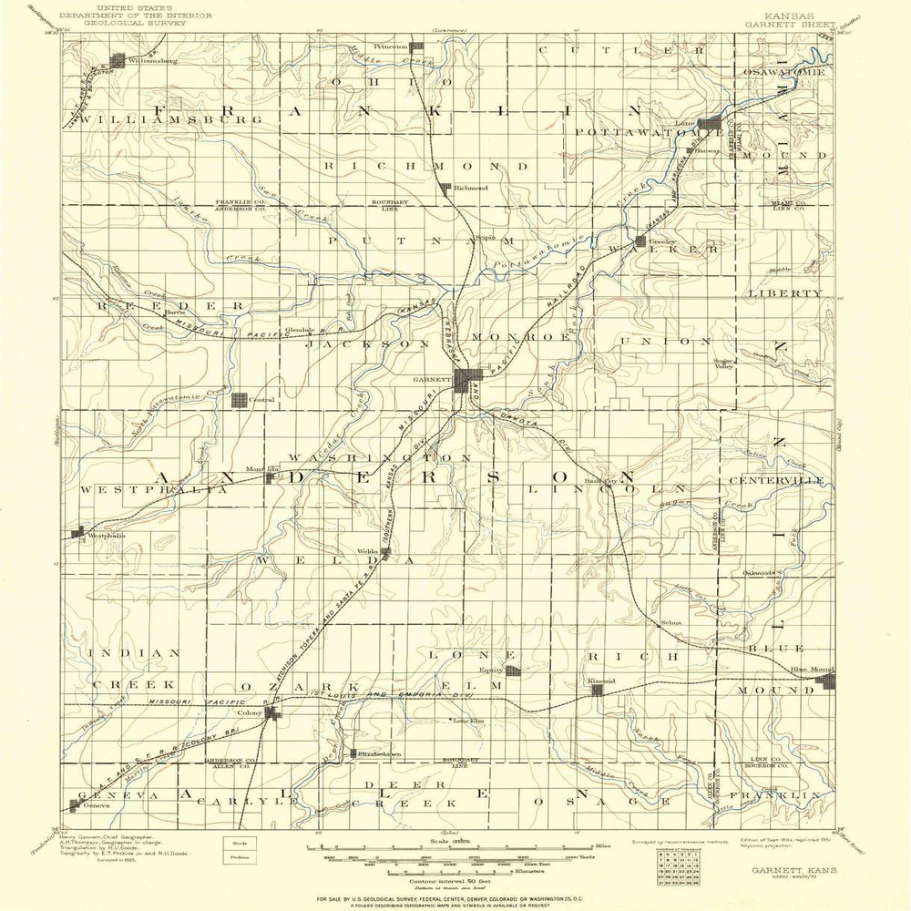 YellowMaps Garnett KS topo map, 1:125000 Scale, 30 X 30 Minute, Historical, 1894, Updated 1951, 19.99 x 16.25 in - Tyvek