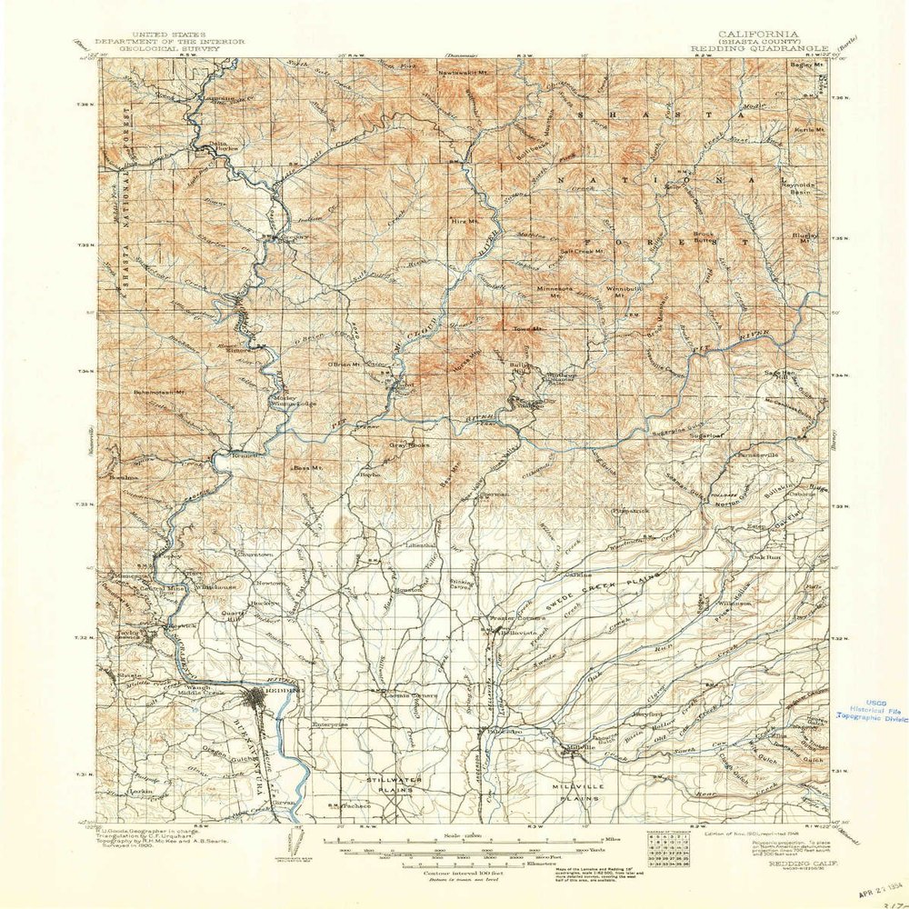 YellowMaps Redding CA topo map, 1:125000 Scale, 30 X 30 Minute, Historical, 1901, Updated 1948, 20.8 x 16.5 in - Tyvek