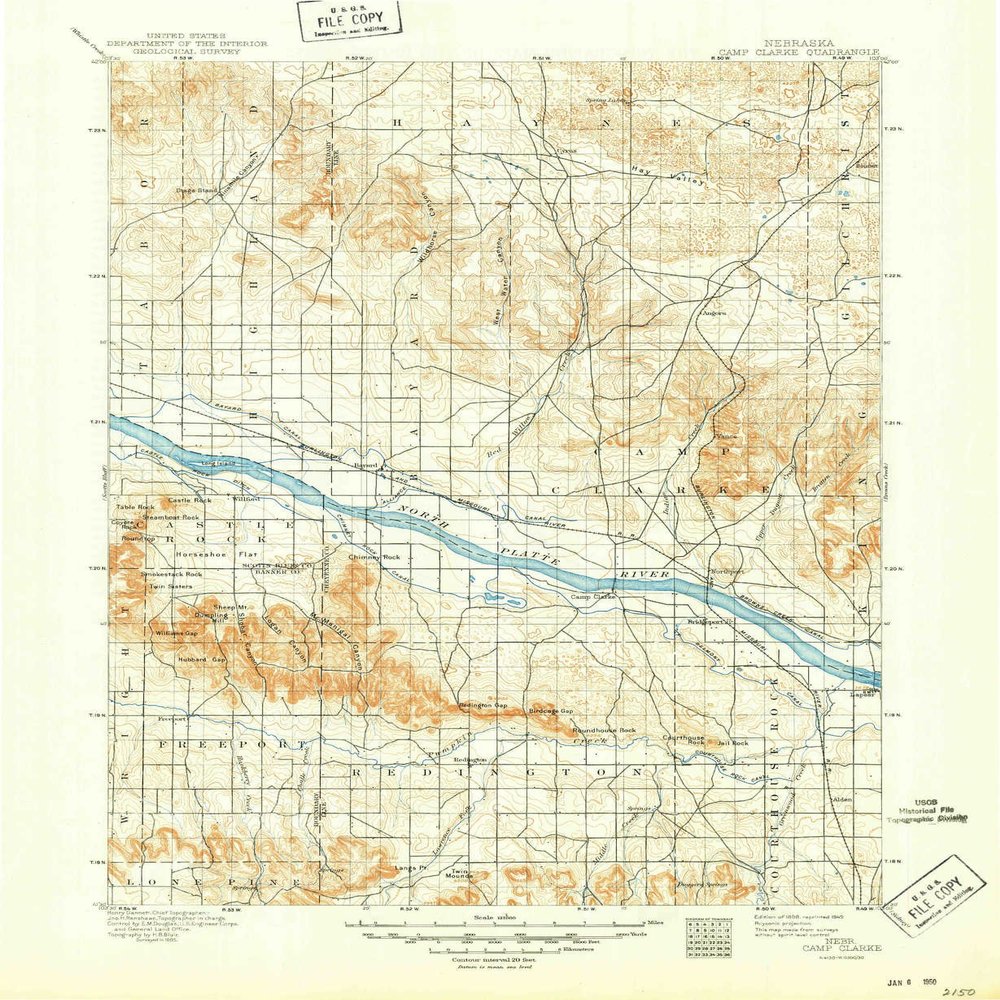 YellowMaps Camp Clarke NE topo map, 1:125000 Scale, 30 X 30 Minute, Historical, 1898, Updated 1949, 20.7 x 17 in - Tyvek
