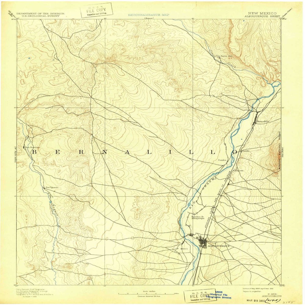 YellowMaps Albuquerque NM topo map, 1:125000 Scale, 30 X 30 Minute, Historical, 1893, Updated 1932, 20 x 16.5 in - Tyvek