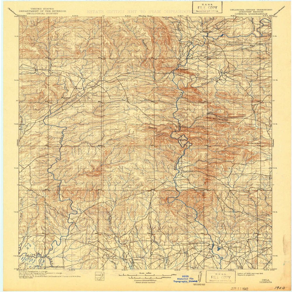 YellowMaps Lukfata OK topo map, 1:125000 Scale, 30 X 30 Minute, Historical, 1902, Updated 1942, 20.2 x 16.8 in - Tyvek
