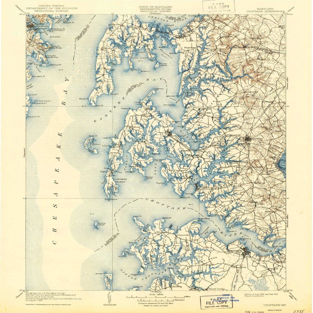YellowMaps Choptank MD topo map, 1:125000 Scale, 30 X 30 Minute, Historical, 1908, Updated 1943, 19.8 x 16.5 in - Tyvek