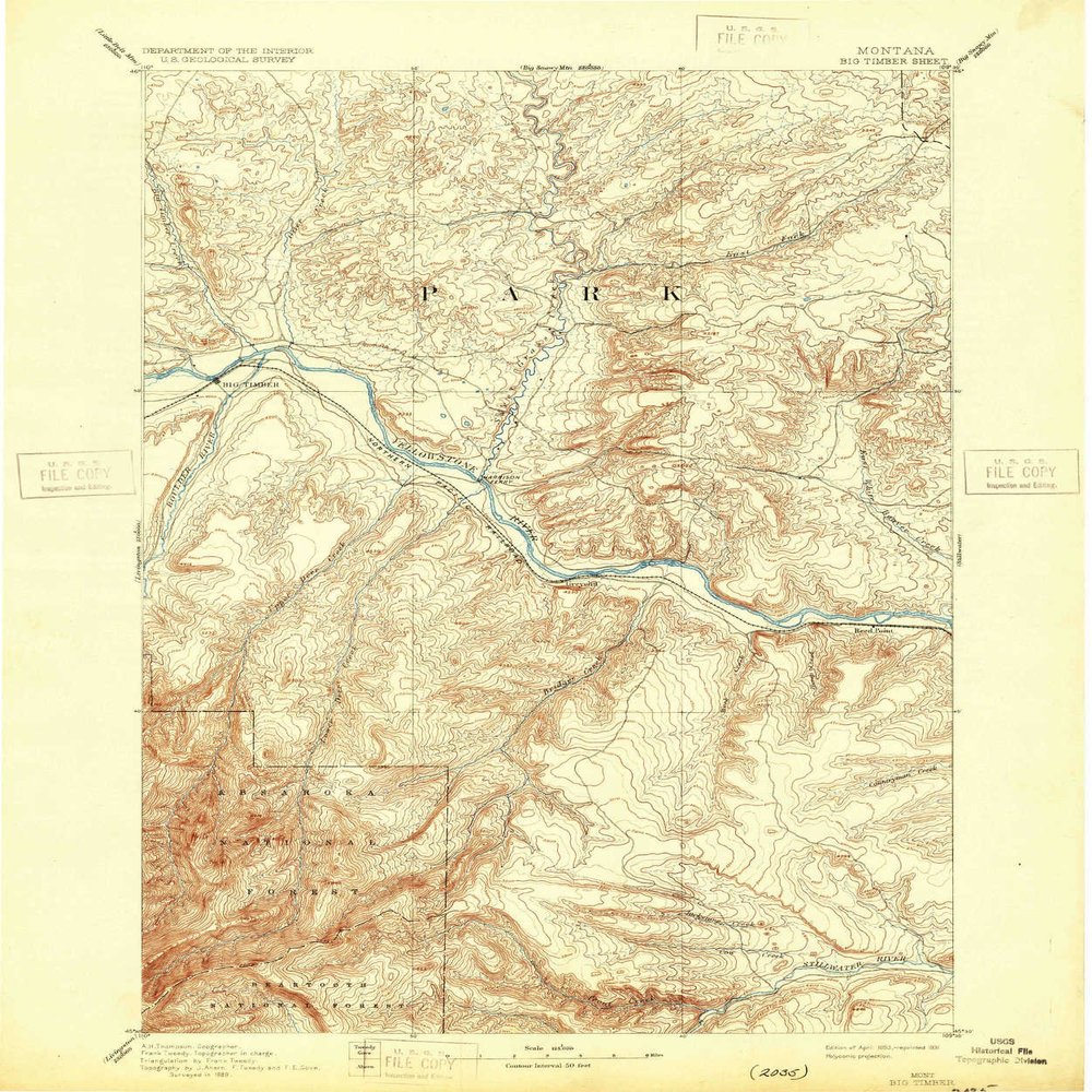 YellowMaps Big Timber MT topo map, 1:125000 Scale, 30 X 30 Minute, Historical, 1893, Updated 1931, 19.9 x 16.6 in - Tyvek