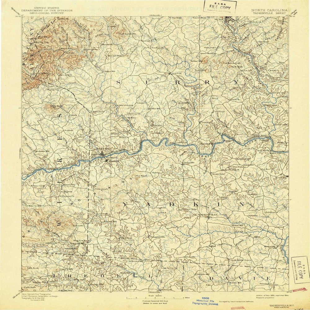YellowMaps Yadkinville NC topo map, 1:125000 Scale, 30 X 30 Minute, Historical, 1893, Updated 1944, 19.7 x 16.5 in - Tyvek