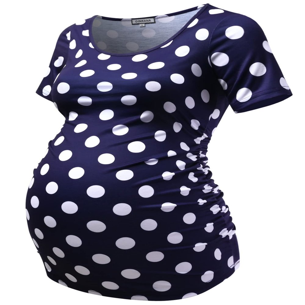 Casual Maternity Floral Shirts Tops Short Sleeve Ruched Sides Mama Pregnancy Blouses Clothes,M