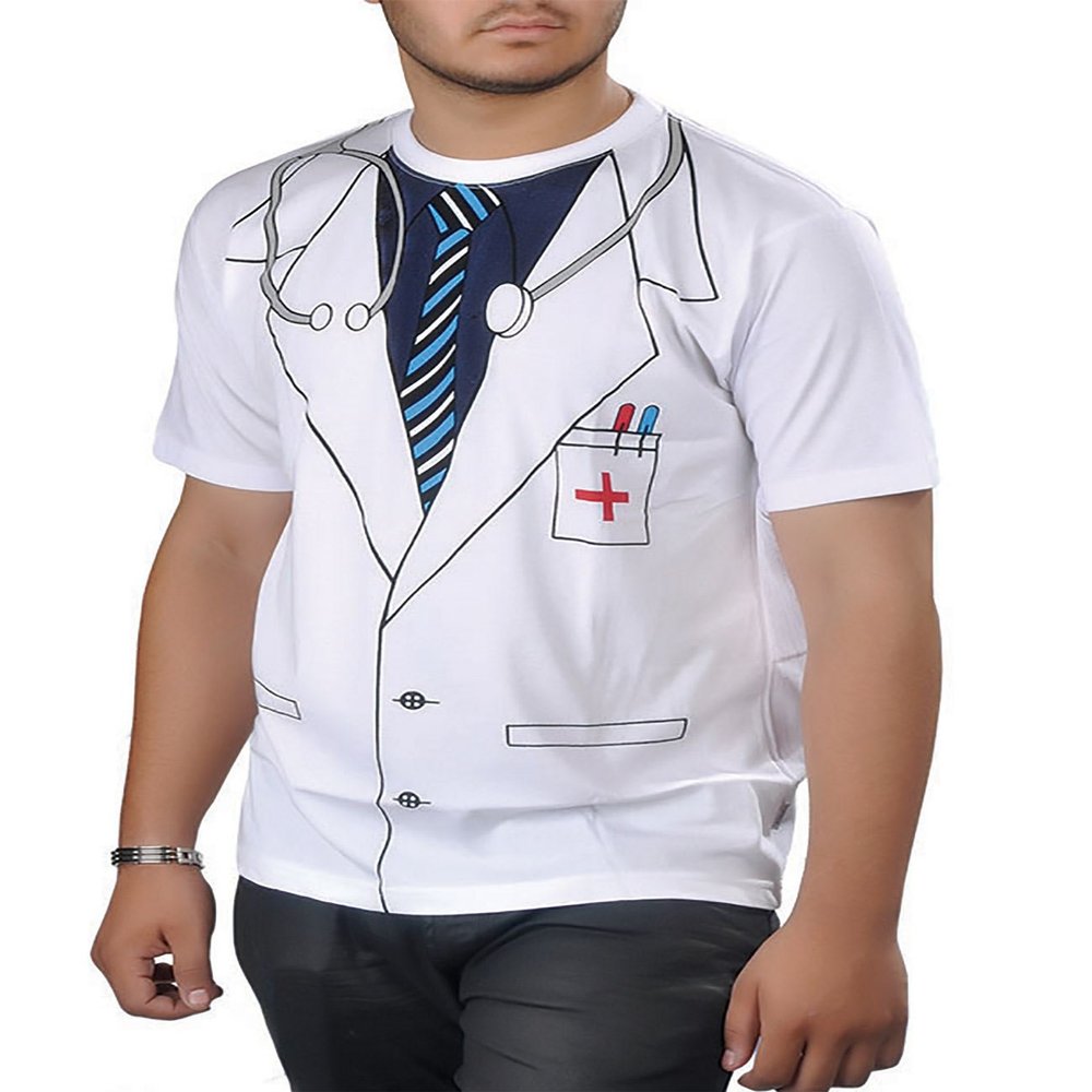 Adults Fancy Dress Doctor Printed Top Mens Short Sleeve Summer Stag Do T Shirt White Small