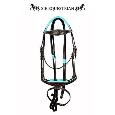 SIE EQUESTRIAN Teal Padded Fancy Stitch Leather Horse Show Bridle Anatomic Shape (Havana, Draft)