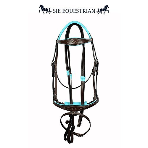 SIE EQUESTRIAN Teal Padded Fancy Stitch Leather Horse Show Bridle Anatomic Shape (Black, Full)