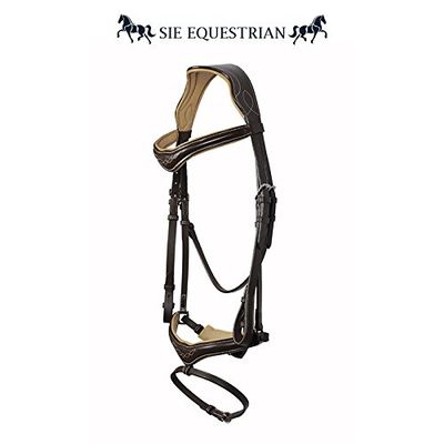 SIE EQUESTRIAN Designer Crown Browband Noseband w Fancy Stitch Leather Horse Bridle Bridles (Black, Pony)