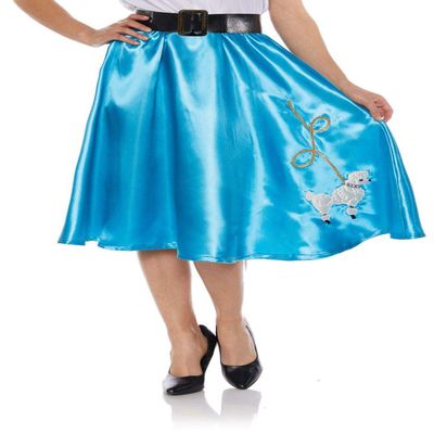 Satin Poodle Skirt - Turquoise A 1950's Inspired Style Satin Elastic Waist Skirt with Embroidered Poodle Patch