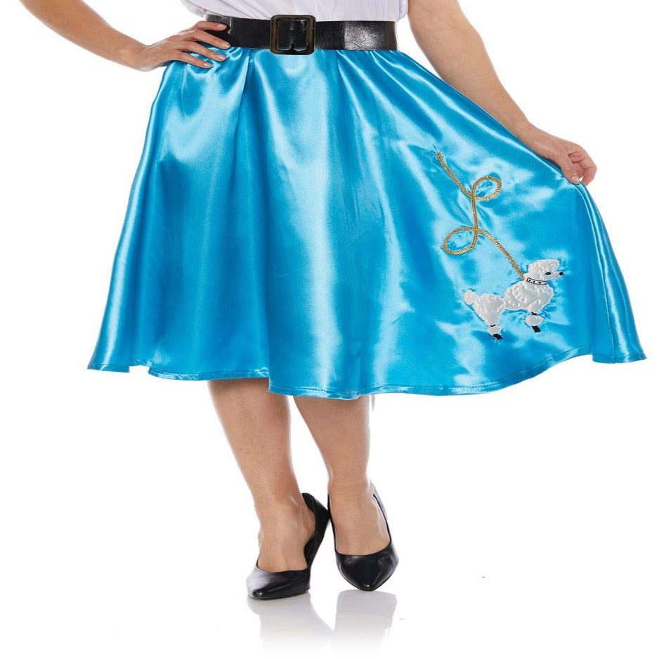 Satin Poodle Skirt - Turquoise A 1950's Inspired Style Satin Elastic Waist Skirt with Embroidered Poodle Patch