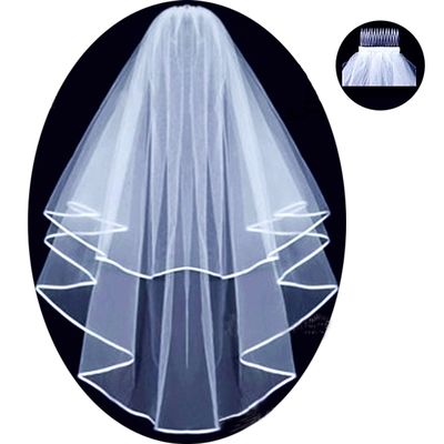 Two Layered Bridal Wedding Veil with Comb Ribbon Edge White
