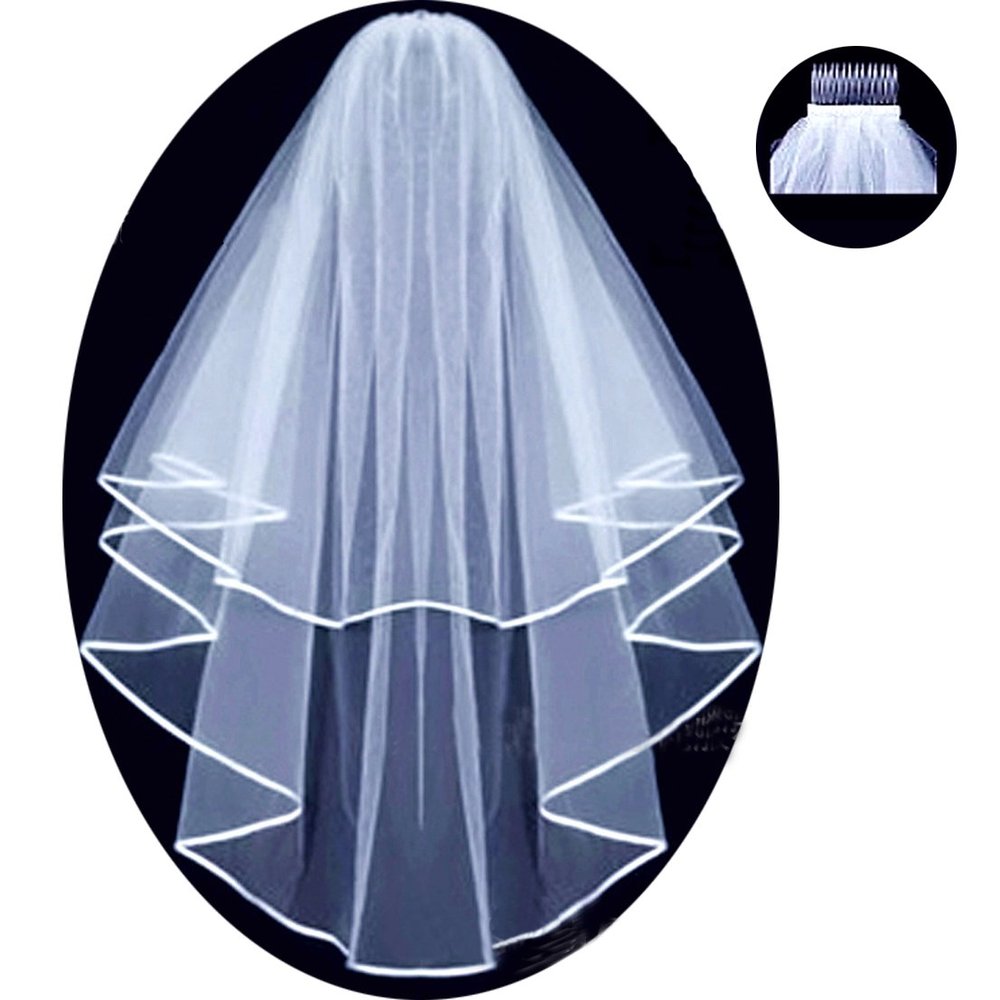 Two Layered Bridal Wedding Veil with Comb Ribbon Edge White