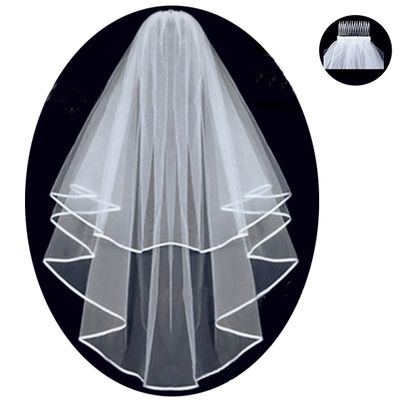 Two Layered Bridal Wedding Veil with Comb Ribbon Edge Ivory