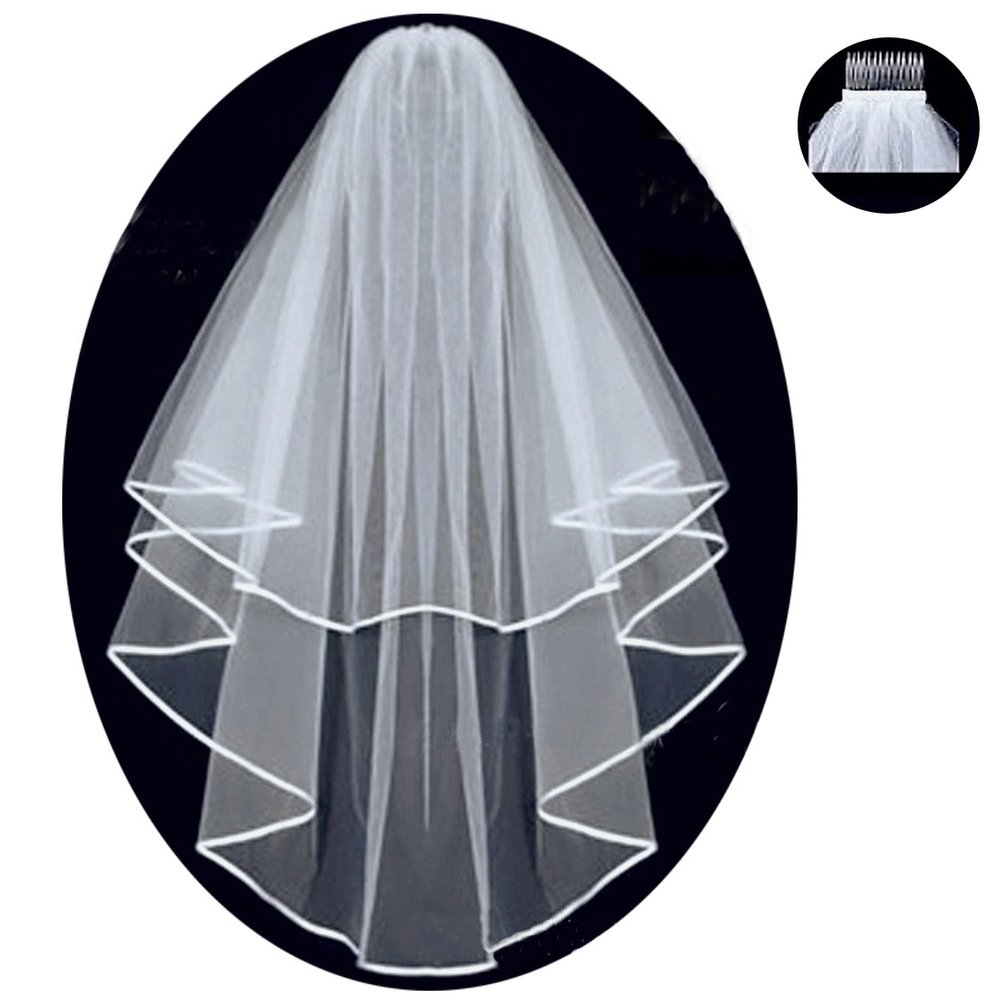Two Layered Bridal Wedding Veil with Comb Ribbon Edge Ivory