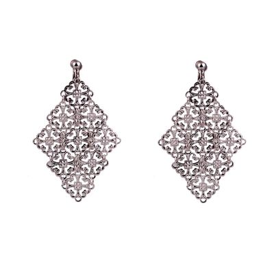 Handmade Gold Color Hollow-out Pattern Dangle Drop Earrings and Clip on Earrings No Pierced for Women (Silver clip-on)