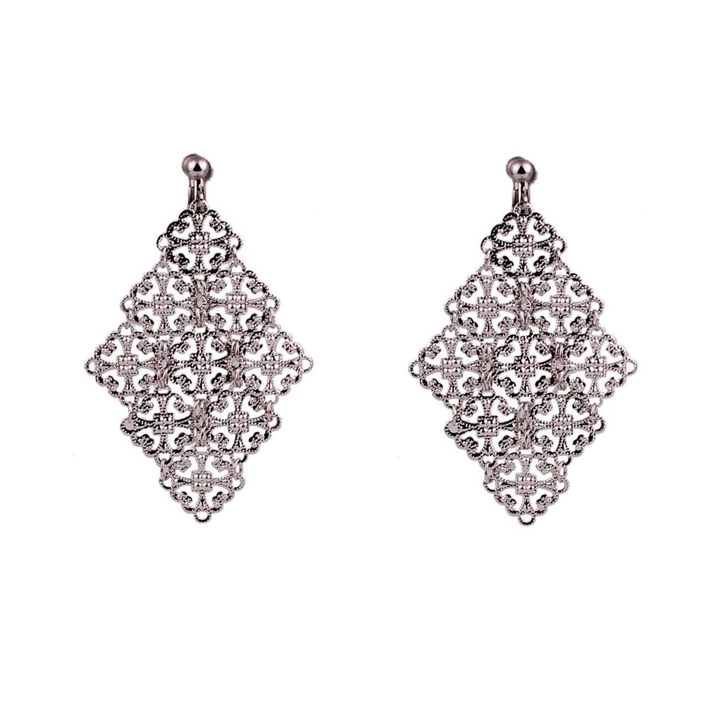 Handmade Gold Color Hollow-out Pattern Dangle Drop Earrings and Clip on Earrings No Pierced for Women (Silver clip-on)