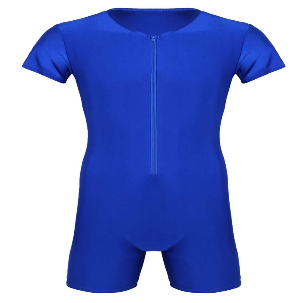 iiniim Mens Short Sleeve Full Body Swimsuits Front Zip Workout Gymnastics Leotard Bodysuit Biketard Blue XX-Large