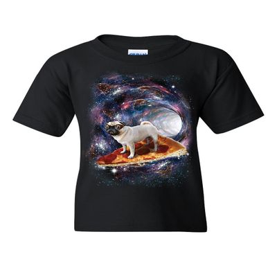 Pug Space Pizza Surfer Youth T-Shirt Weird Goggles Galaxy Dog Lovers Kids Tee Black X-Large