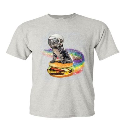 Cat Flying a Rainbow Burger T-Shirt Funny Astronaut Kitten Space Mens Tee Shirt Ash Gray XX-Large