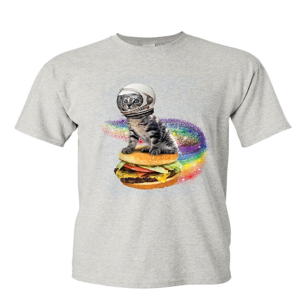 Cat Flying a Rainbow Burger T-Shirt Funny Astronaut Kitten Space Mens Tee Shirt Ash Gray XX-Large