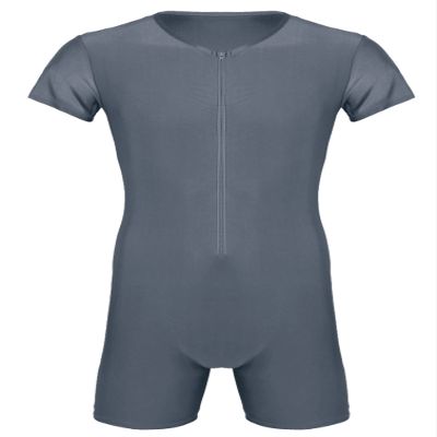 iiniim Mens Short Sleeve Full Body Swimsuits Front Zip Workout Gymnastics Leotard Bodysuit Biketard Gray X-Large