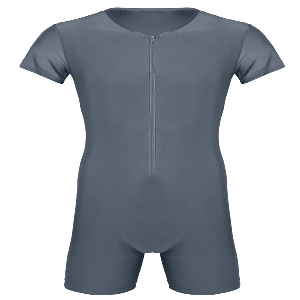 iiniim Mens Short Sleeve Full Body Swimsuits Front Zip Workout Gymnastics Leotard Bodysuit Biketard Gray X-Large
