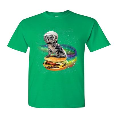 Cat Flying a Rainbow Burger T-Shirt Funny Astronaut Kitten Space Mens Tee Shirt Green XX-Large