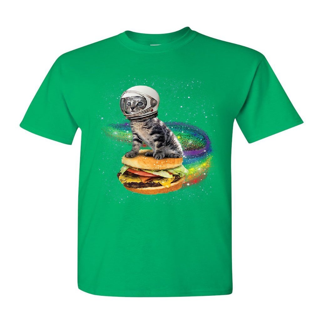 Cat Flying a Rainbow Burger T-Shirt Funny Astronaut Kitten Space Mens Tee Shirt Green XX-Large