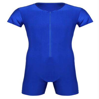 iiniim Mens Short Sleeve Full Body Swimsuits Front Zip Workout Gymnastics Leotard Bodysuit Biketard Blue Large