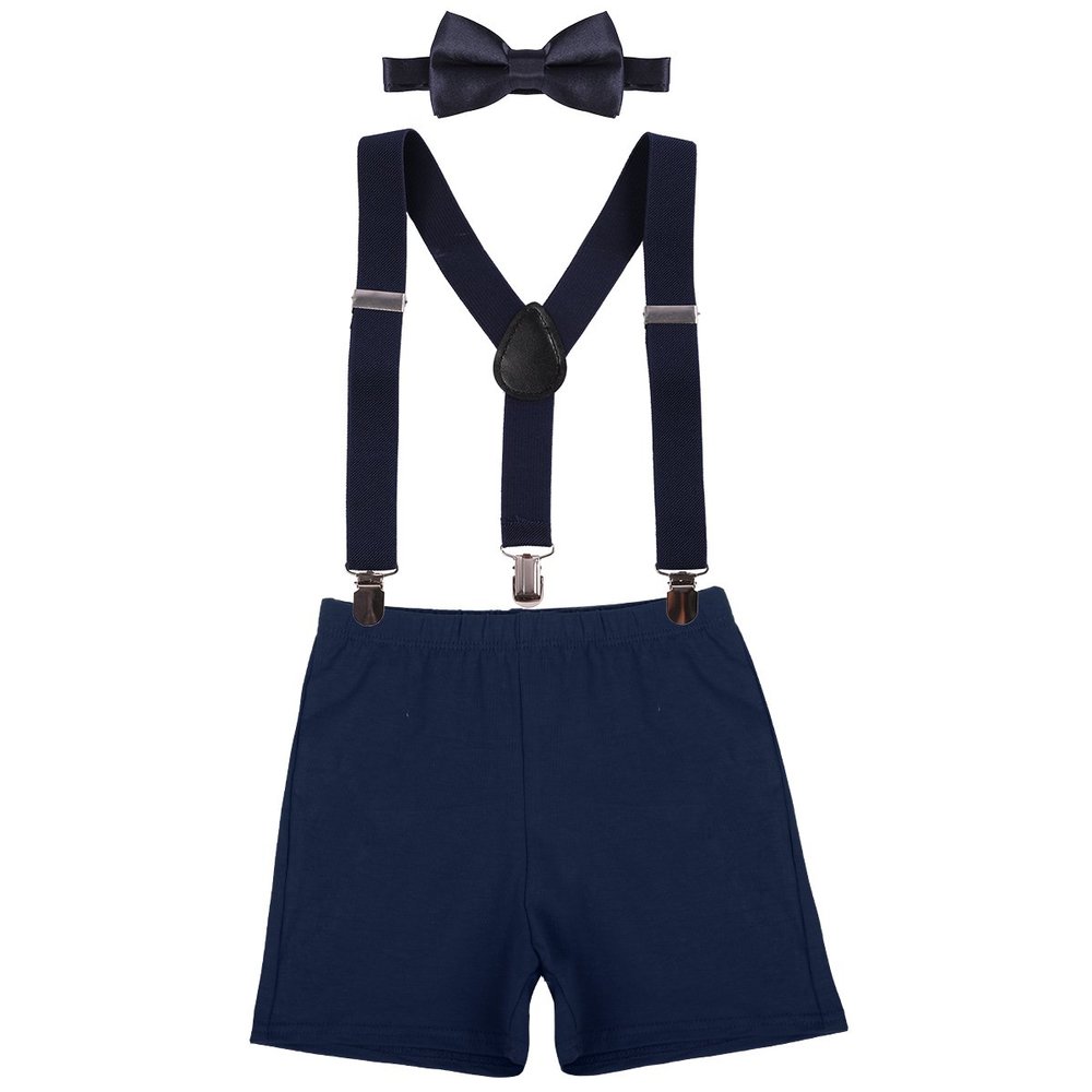 IWEMEK Kids Baby Boys First Birthday Cake Smash Outfit Adjustable Y Back Elastic Clip Suspenders Bowtie set Party Pre-tied Bloomers Dark Blue