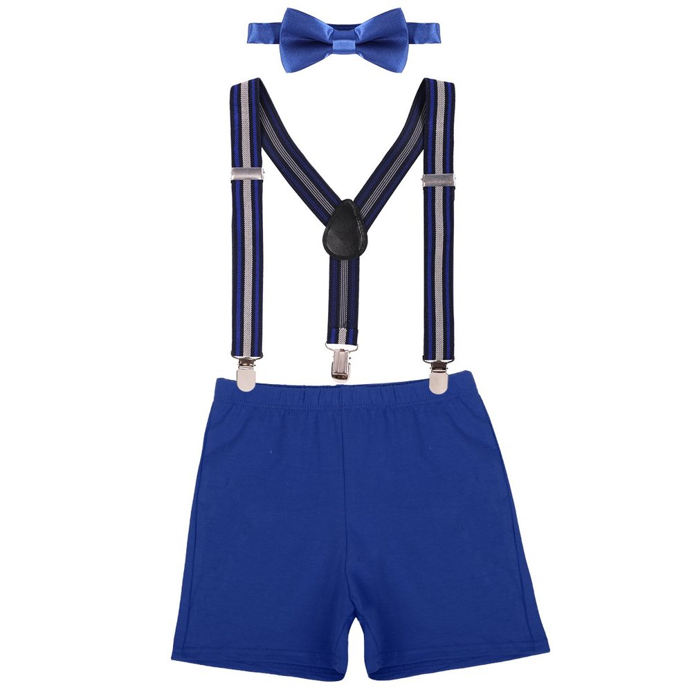 IWEMEK Kids Baby Boys First Birthday Cake Smash Outfit Adjustable Y Back Elastic Clip Suspenders Bowtie set Party Pre-tied Bloomers Royal Blue Stripe